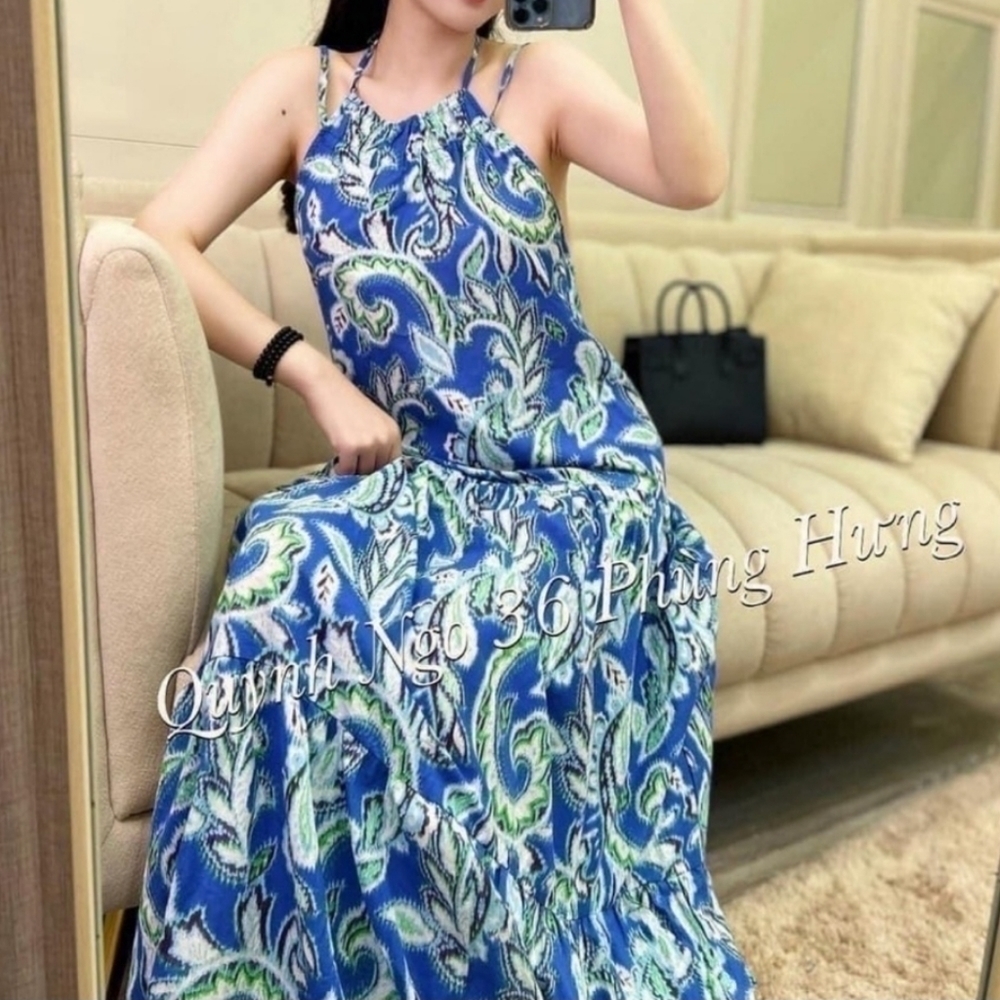 Zara Cotton Tiered Halter Maxi Dress Paisley Print Size Medium